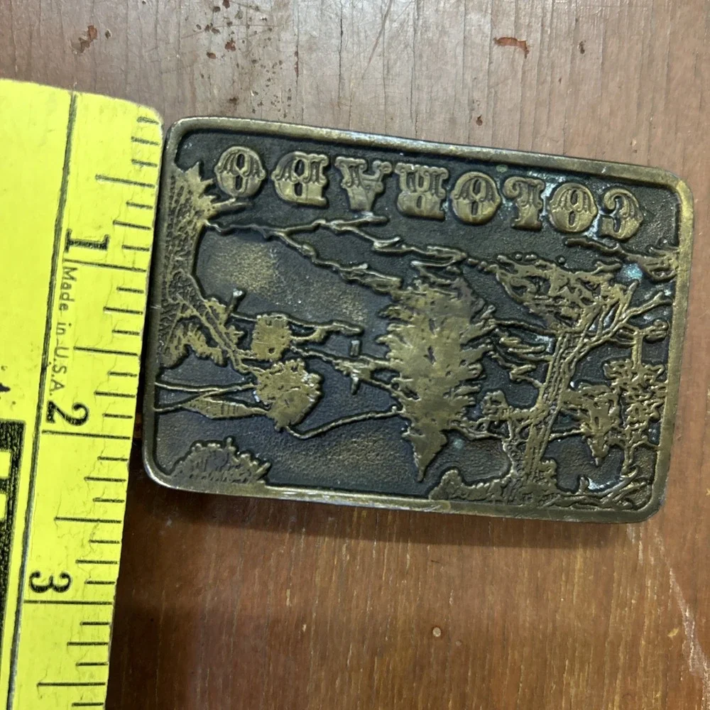 Vintage Adezy Solid Brass Colorado Belt Buckle 1975 Hand Tooled Leather Belt 34